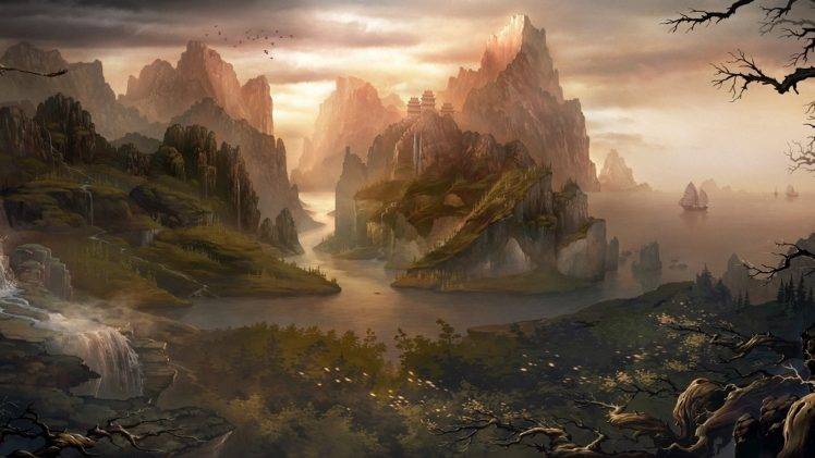 digital Art, Fantasy Art, Nature, Landscape, Water, Rock, Hill, Mountain, Island, Trees, Waterfall, Birds, Chinese Architecture HD Wallpaper Desktop Background