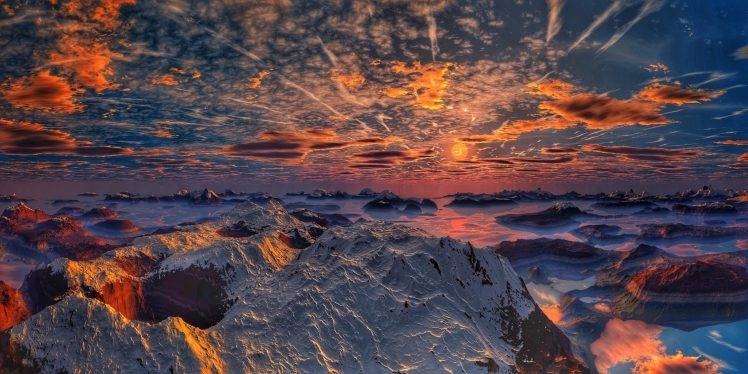 nature, Landscape, Mountain, Sunrise, Snowy Peak, Lake, Clouds, Reflection, Sky HD Wallpaper Desktop Background