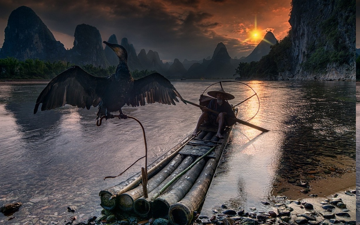 nature, Landscape, Fisherman, Cormorant, River, Guilin, China, Mountain, Sunset, Forest, Sky, Clouds, Boat, Birds Wallpaper