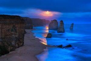 nature, Landscape, Beach, Cliff, Sea, Coast, Twelve Apostles, Australia, Limestone, Rock, Moonlight, Sky, Clouds