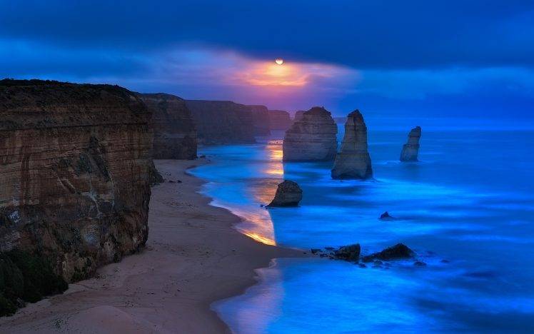 nature, Landscape, Beach, Cliff, Sea, Coast, Twelve Apostles, Australia, Limestone, Rock, Moonlight, Sky, Clouds HD Wallpaper Desktop Background