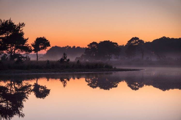 nature, Landscape, Sunrise, Lake, Mist, Trees, Water, Reflection, Forest, Calm, Netherlands HD Wallpaper Desktop Background
