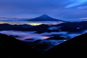 nature, Landscape, Mountain, Mount Fuji, Japan, Evening, Hill, Trees, Mist, Long Exposure, City, Lights, Forest, Snowy Peak, Clouds