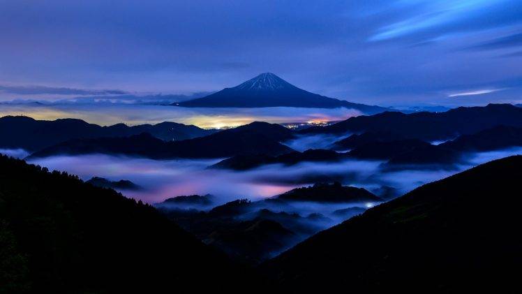 nature, Landscape, Mountain, Mount Fuji, Japan, Evening, Hill, Trees, Mist, Long Exposure, City, Lights, Forest, Snowy Peak, Clouds HD Wallpaper Desktop Background