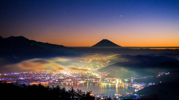 nature, Landscape, Mountain, Mount Fuji, Japan, Evening, Hill, Trees, Mist, Long Exposure, City, Lake, Sunset, Lights, Stars, Silhouette, Forest HD Wallpaper Desktop Background