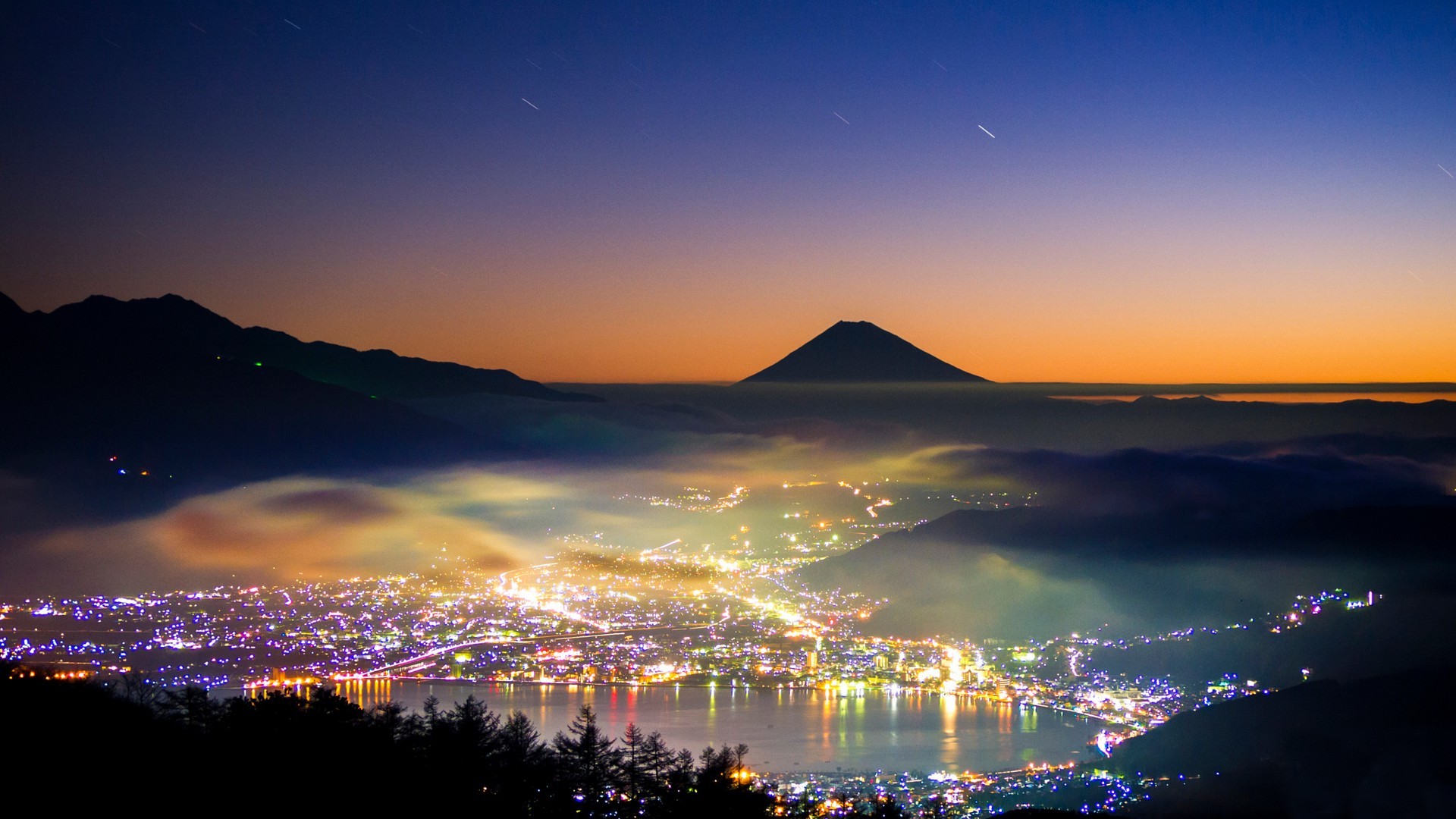 nature, Landscape, Mountain, Mount Fuji, Japan, Evening, Hill, Trees, Mist, Long Exposure, City, Lake, Sunset, Lights, Stars, Silhouette, Forest Wallpaper