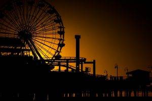 landscape, California, USA, Sunset, Los Angeles, Silhouette, Pier, Street Light, Wheels, Carousel, Sunlight