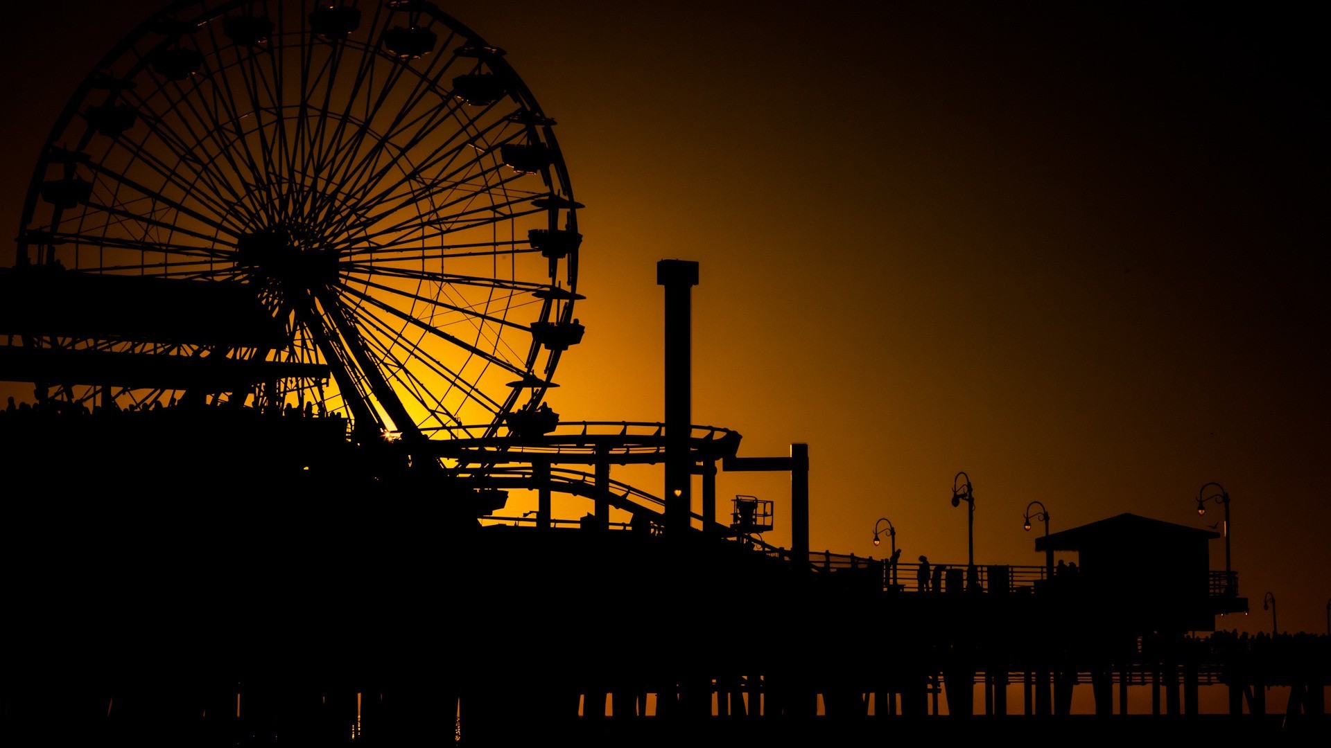 landscape, California, USA, Sunset, Los Angeles, Silhouette, Pier, Street Light, Wheels, Carousel, Sunlight Wallpaper