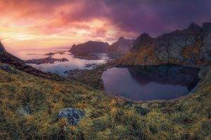 nature, Landscape, Sunrise, Sky, Clouds, Lake, Sea, Mountain, Reine, Lofoten Islands, Norway, Grass, Town, Ports