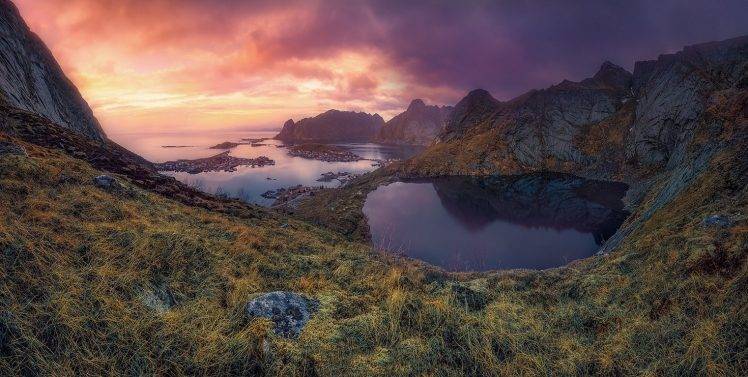 nature, Landscape, Sunrise, Sky, Clouds, Lake, Sea, Mountain, Reine, Lofoten Islands, Norway, Grass, Town, Ports HD Wallpaper Desktop Background
