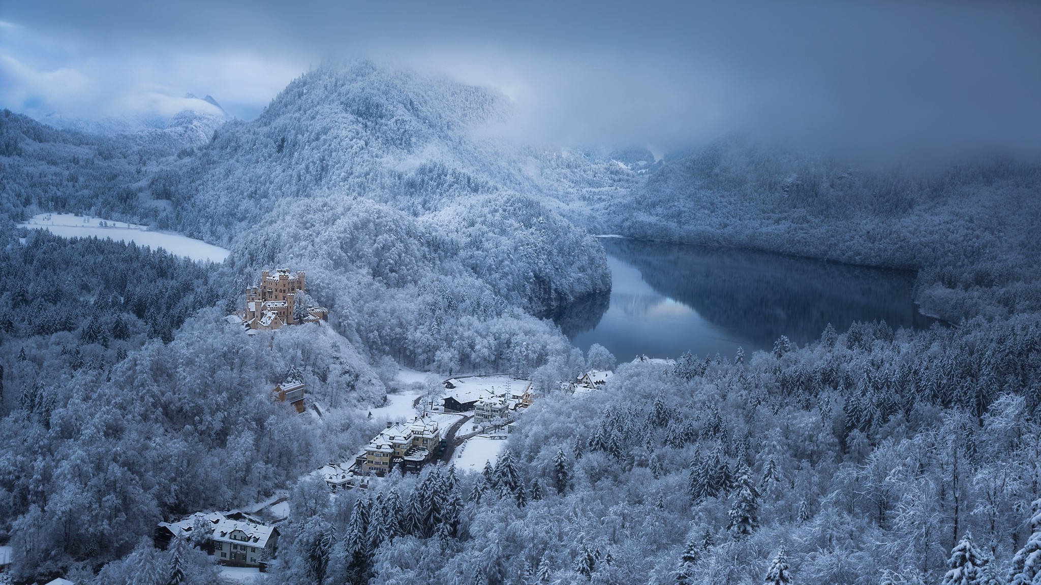 nature, Landscape, Lake, Mountain, Forest, Snow, Winter, Castle, Building, Village, Architecture, Clouds, Cold, Germany, Morning, Daylight Wallpaper