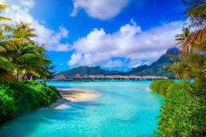 Bora Bora, French Polynesia, Nature, Landscape, Beach, Sea, Palm Trees, Island, Resort, Summer, Tropical, Mountain