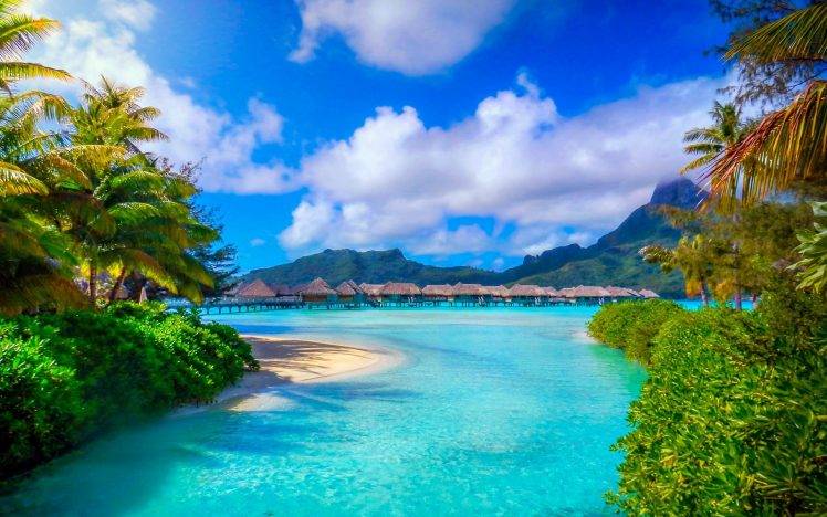 Bora Bora, French Polynesia, Nature, Landscape, Beach, Sea, Palm Trees, Island, Resort, Summer, Tropical, Mountain HD Wallpaper Desktop Background