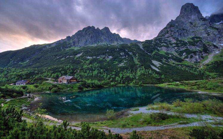 nature, Landscape, Mountain, Lake, Slovakia, Forest, Grass, Cabin, Dirt Road, Emerald, Water HD Wallpaper Desktop Background