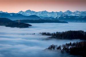 nature, Landscape, Switzerland, Blue, Mist, Mountain, Forest, Snowy Peak, Alps