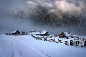 nature, Landscape, White, Cold, Winter, Cabin, Fence, Path, Mountain, Snow, Forest, Mist, Clouds, Sunlight