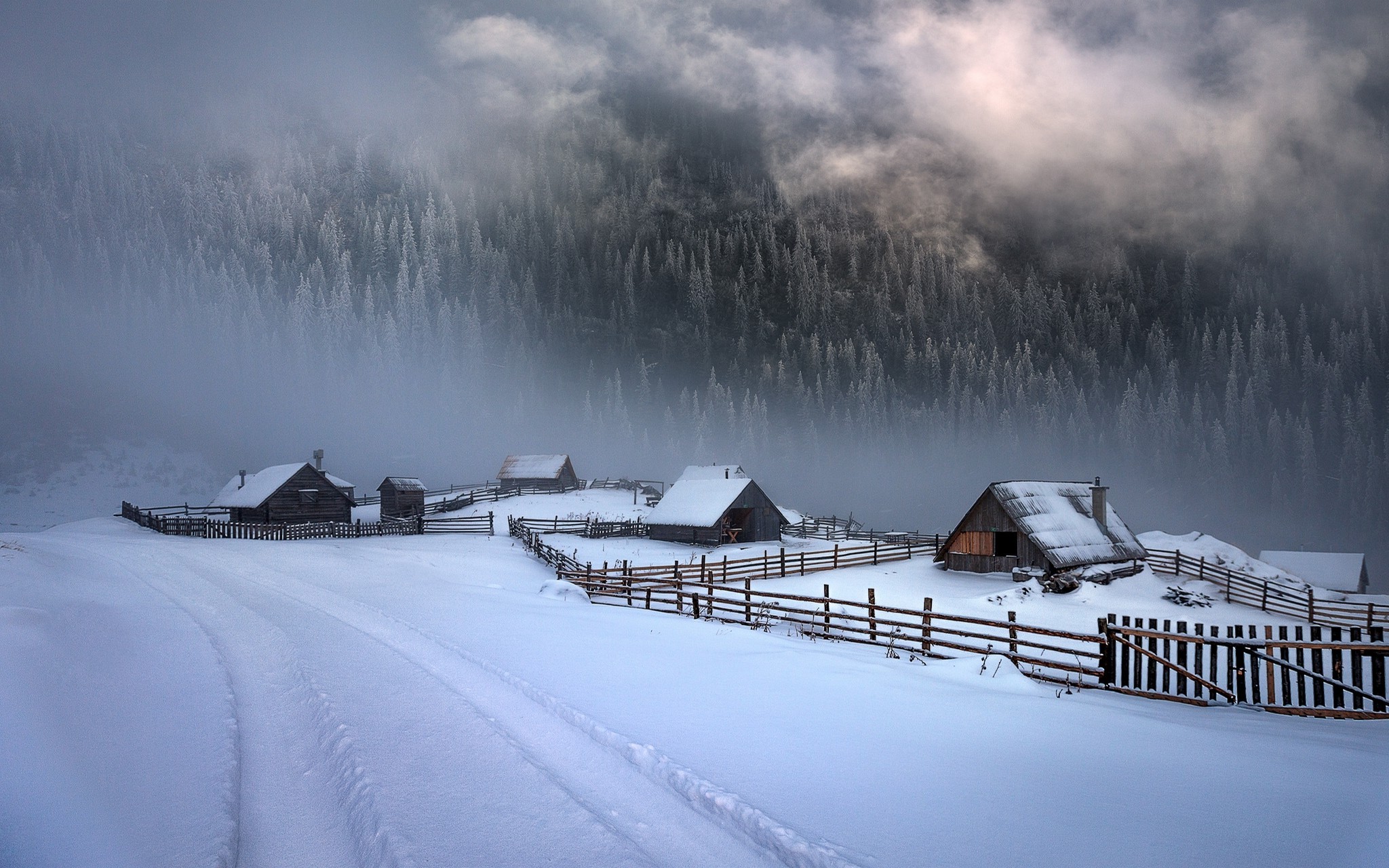 nature, Landscape, White, Cold, Winter, Cabin, Fence, Path, Mountain, Snow, Forest, Mist, Clouds, Sunlight Wallpaper