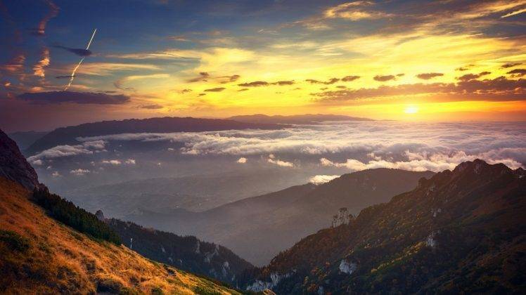 landscape, Nature, Mountain, Sunset, Sky, Yellow, Clouds, Mist, Dry Grass, Shrubs, Trees, Valley, Romania HD Wallpaper Desktop Background
