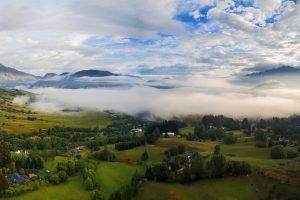 landscape, Nature, Panoramas, Sunrise, Village, Mountain, Field, Mist, Morning, Clouds, New Zealand, Trees