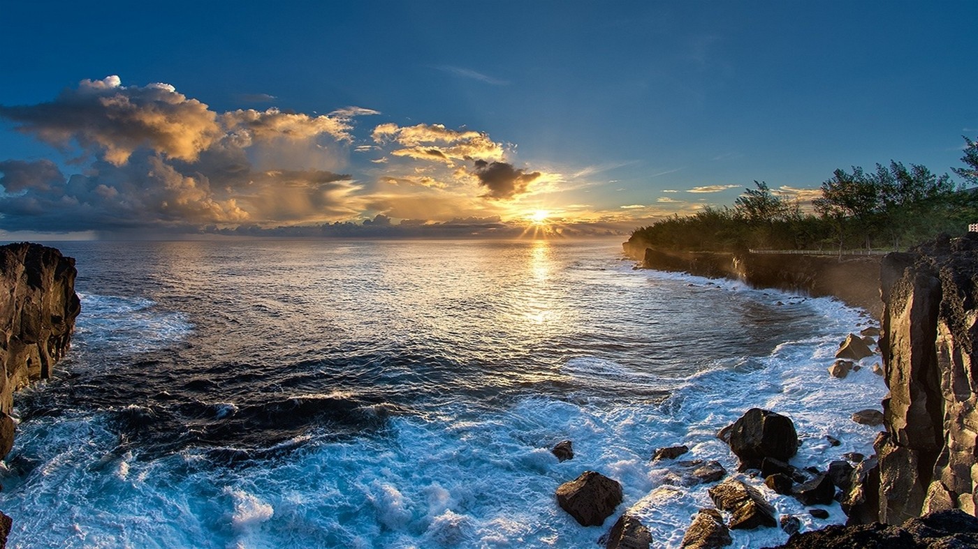 nature, Landscape, Beach, Sunrise, Sea, Coast, Clouds, Sun Rays, Island, Sky, Rock Wallpaper