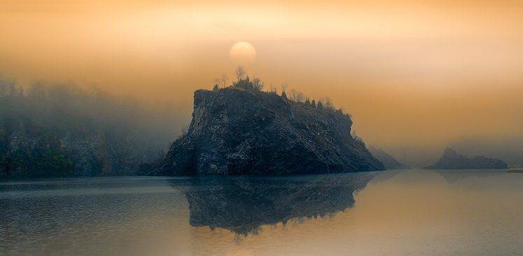 nature, Landscape, Lake, Sunrise, Mist, Reflection, Trees, Water, Calm, Mountain HD Wallpaper Desktop Background