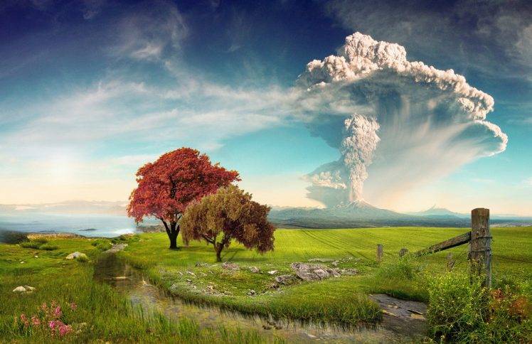 nature, Landscape, Calbuco Volcano, Chile, Eruption, Field, Creeks, Lake, Grass, Wildflowers, Trees HD Wallpaper Desktop Background