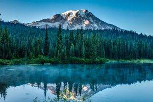 nature, Landscape, Lake, Forest, Snowy Peak, Morning, Sunlight, Mountain, Water, Reflection, Pine Trees, Blue, Sky, Washington State, Mist