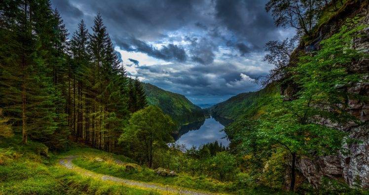 nature, Landscape, Lake, Forest, Clouds, Path, Grass, Trees, Mountain, Valley, Norway HD Wallpaper Desktop Background