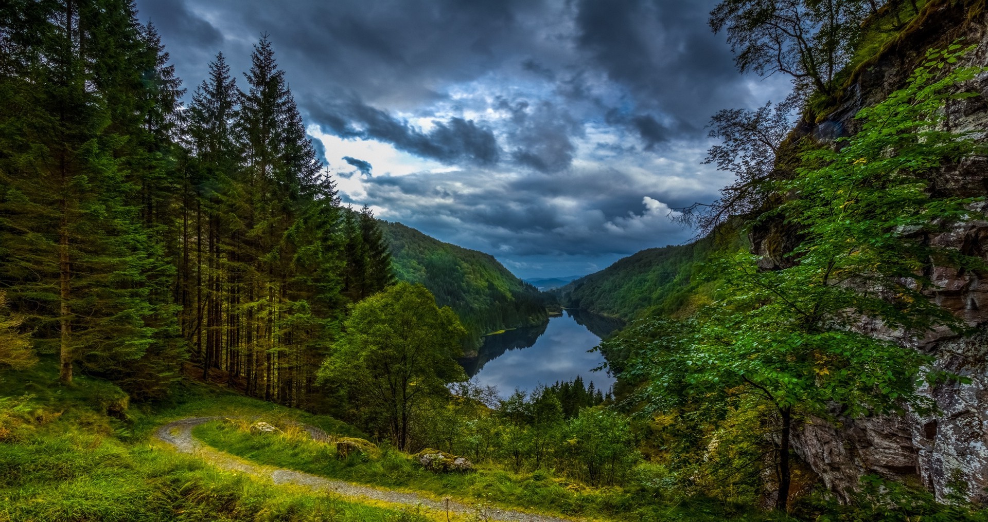 nature, Landscape, Lake, Forest, Clouds, Path, Grass, Trees, Mountain, Valley, Norway Wallpapers 
