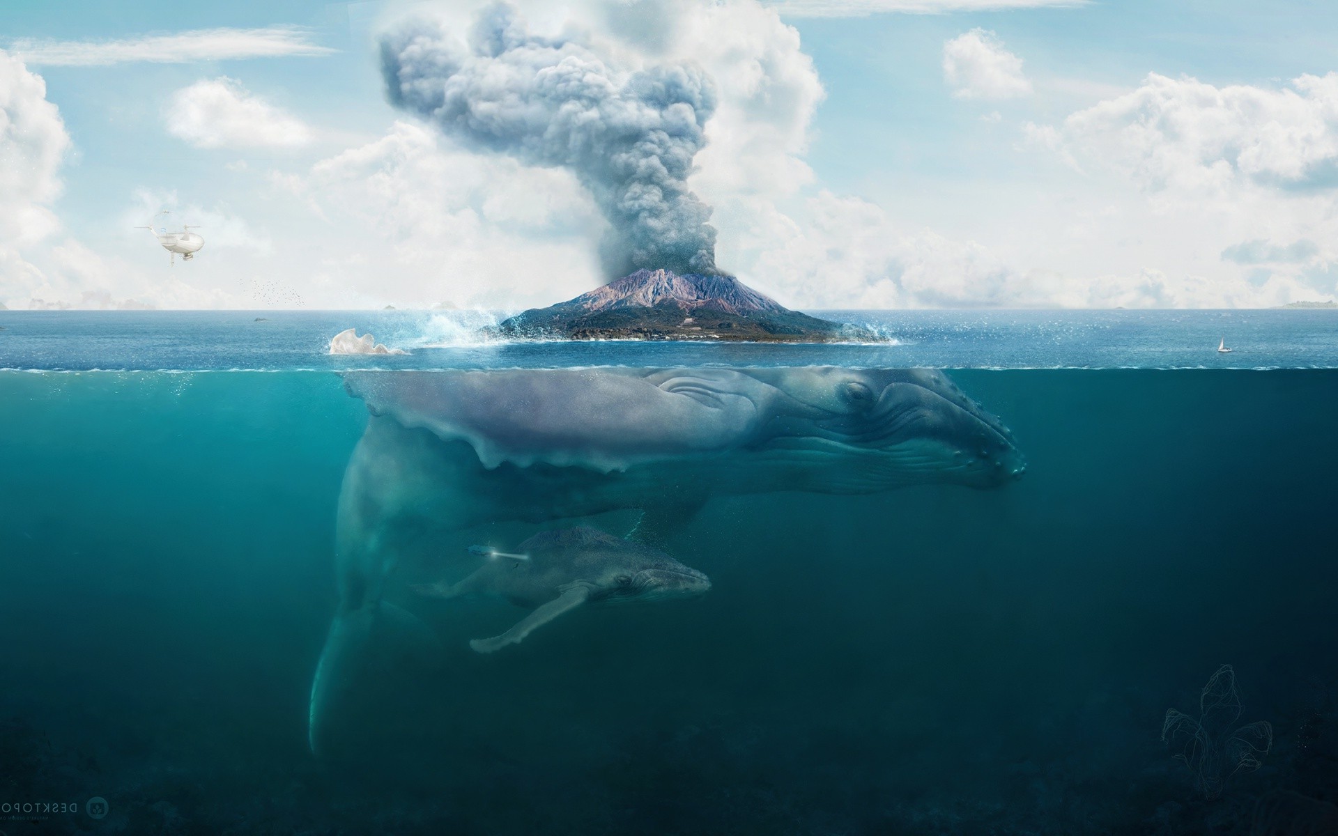 whale, Nature, Water, Digital Art, Artwork, Fantasy Art, Split View Wallpaper