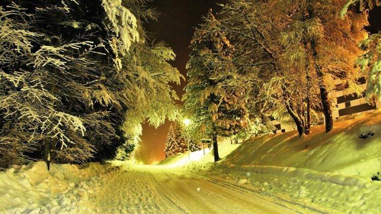 nature, Landscape, Evening, Winter, Road, Lantern, Snow, Trees, Lights HD Wallpaper Desktop Background