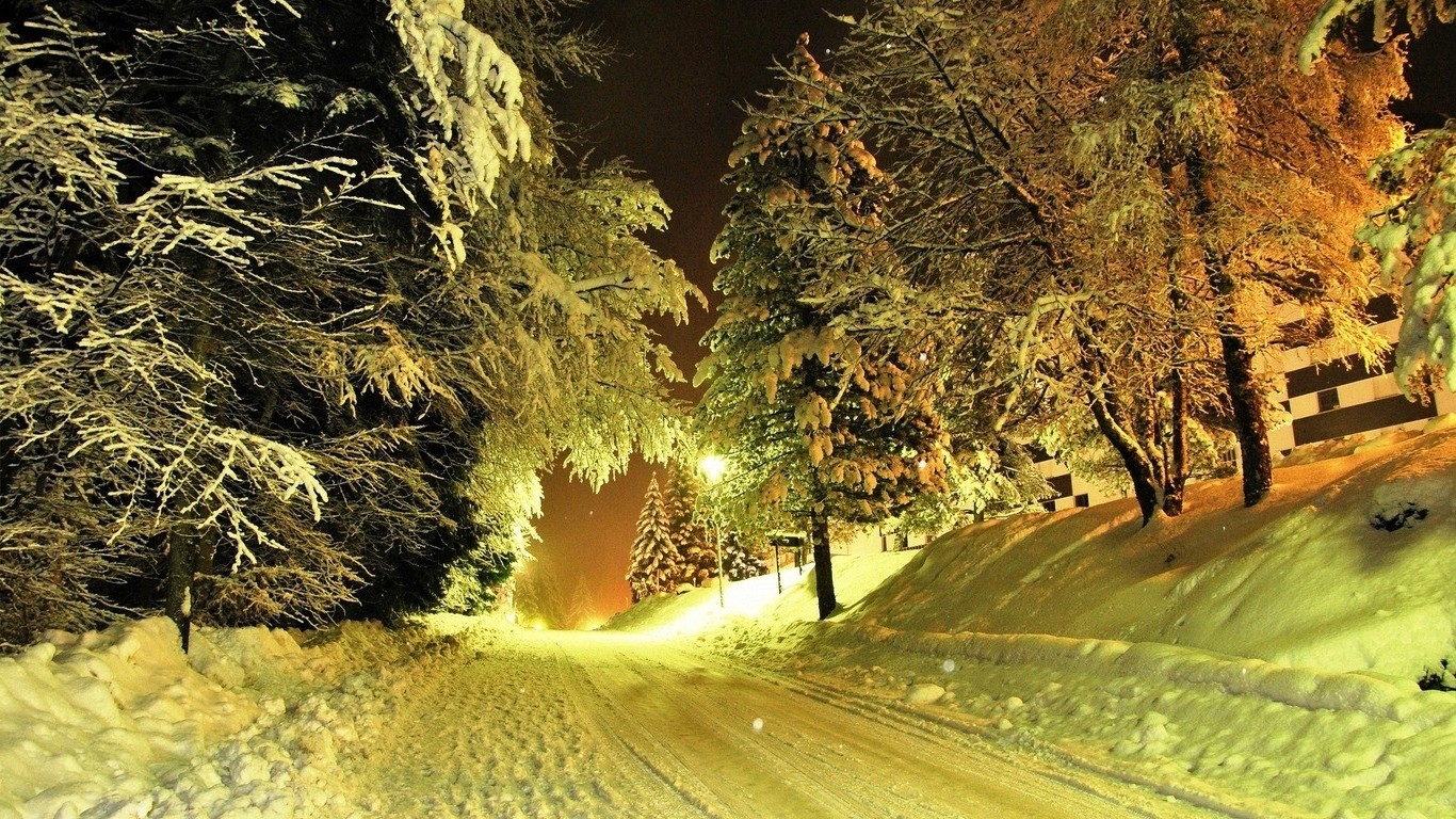nature, Landscape, Evening, Winter, Road, Lantern, Snow, Trees, Lights Wallpaper