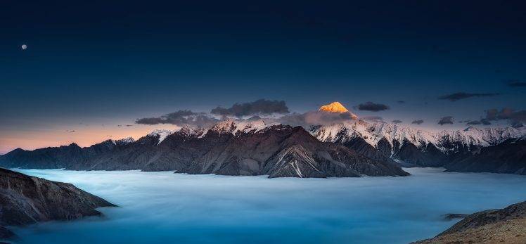 nature, Landscape, Sunset, Moon, Mountain, Snowy Peak, Clouds, Mist, Blue, Sky, Panoramas HD Wallpaper Desktop Background