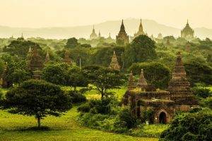 nature, Landscape, Myanmar, Temple, Monastery, Buddhism, Tropical, Trees, Grass, Mist, Green