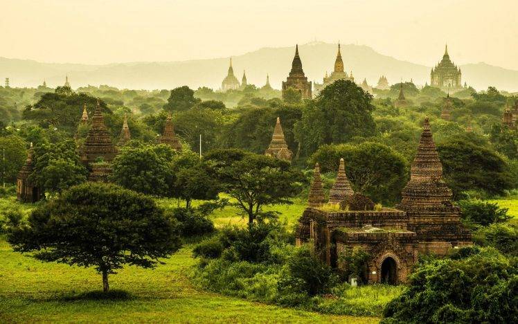 nature, Landscape, Myanmar, Temple, Monastery, Buddhism, Tropical, Trees, Grass, Mist, Green HD Wallpaper Desktop Background