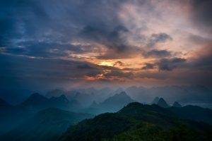 nature, Sunrise, Mountain, Mist, Guilin, China, Sky, Clouds, Landscape, Forest, Valley, Town, Blue, Atmosphere