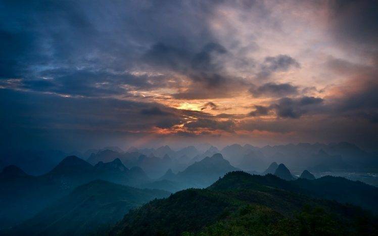 nature, Sunrise, Mountain, Mist, Guilin, China, Sky, Clouds, Landscape, Forest, Valley, Town, Blue, Atmosphere HD Wallpaper Desktop Background