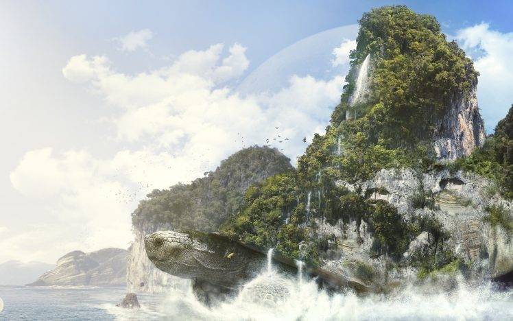 artwork, Fantasy Art, Words Of Radiance, Turtle, Mountain, Trees, Waves, Science Fiction, Edited, Sea Monsters HD Wallpaper Desktop Background