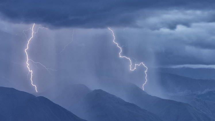 nature, Landscape, Hill, Mountain, Rain, Storm, Clouds, Lightning, Minimalism, Blue HD Wallpaper Desktop Background