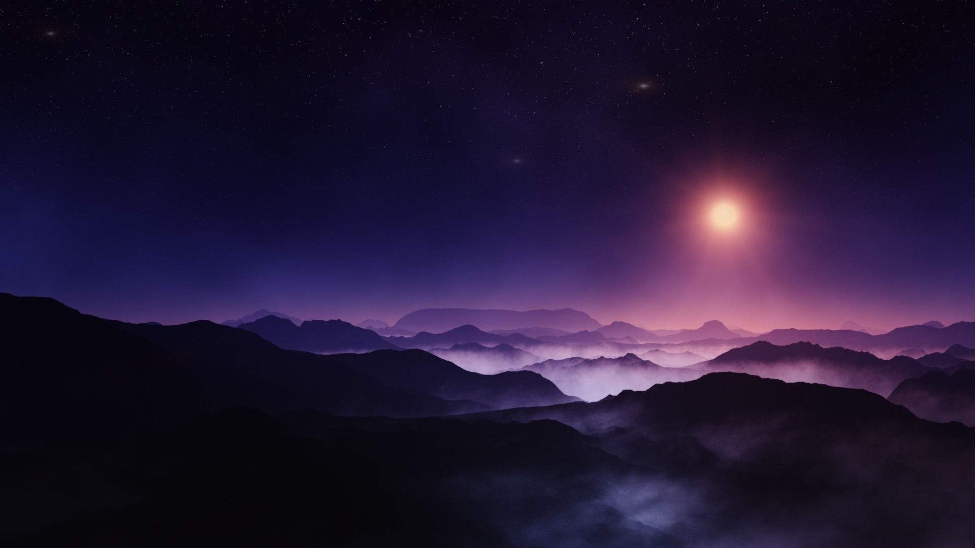 nature, Landscape, Midnight, Sun, Mountain, Starry Night, Mist Wallpaper