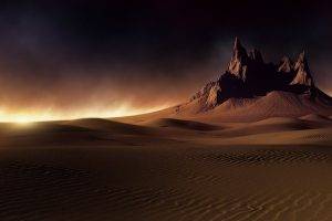 landscape, Nature, Desert, Dune, Mountain, Sunlight, Dark, Clouds, Sunset, Wind, Sand