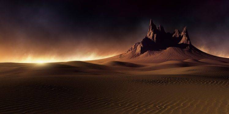 landscape, Nature, Desert, Dune, Mountain, Sunlight, Dark, Clouds, Sunset, Wind, Sand HD Wallpaper Desktop Background