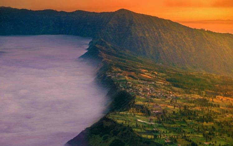 landscape, Nature, Village, Mount Bromo, Java, Indonesia, Crater, Mist, Field, Mountain, Sunset HD Wallpaper Desktop Background
