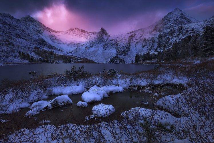 landscape, Nature, Mountain, Lake, Sunset, Winter, Snow, Frost, Sunlight, Trees, Shrubs, Cold, Russia HD Wallpaper Desktop Background