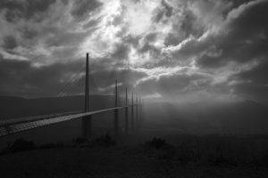 landscape, Nature, Viaduct, Bridge, Architecture, Sun Rays, Clouds, Daylight, France, Monochrome, Mist