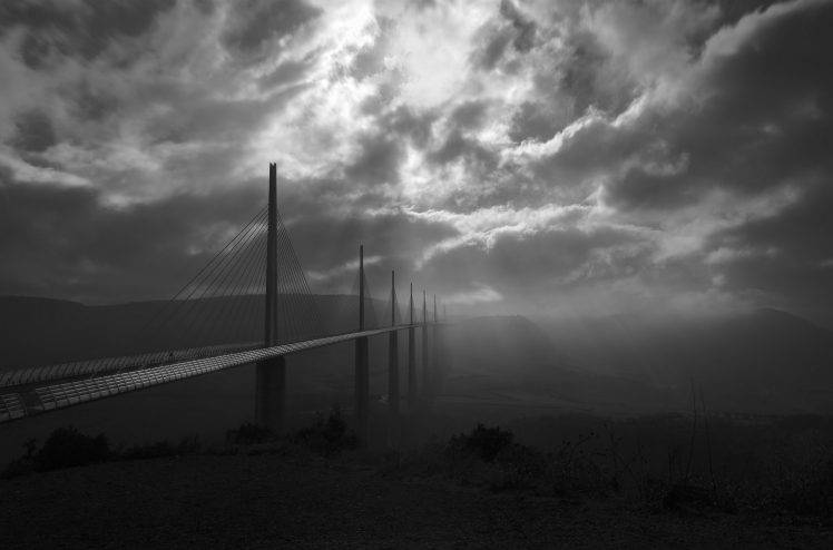 landscape, Nature, Viaduct, Bridge, Architecture, Sun Rays, Clouds, Daylight, France, Monochrome, Mist HD Wallpaper Desktop Background