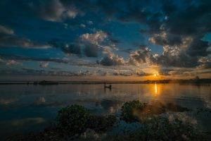 nature, Landscape, Lake, Sunrise, Myanmar, Sky, Clouds, Boat, Fisherman, Sun Rays, Shrubs, Daylight