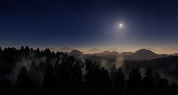 landscape, Nature, Mist, Moon, Mountain, Forest, Night, Moonlight, Trees HD Wallpaper Desktop Background