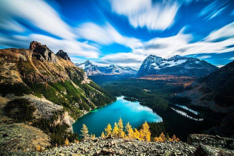 landscape, Nature, Mountain, Snowy Peak, Lake, Forest, Clouds, Yoho National Park, Canada, Sky, Long Exposure, Colorful, Turquoise, Water HD Wallpaper Desktop Background