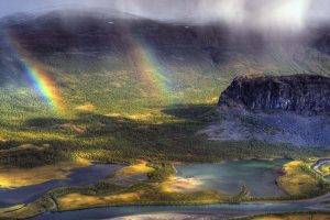 nature, Landscape, Sweden, River, Rainbows, Mountain, Forest, Aerial View, Valley, Sunlight, Clouds, Mist
